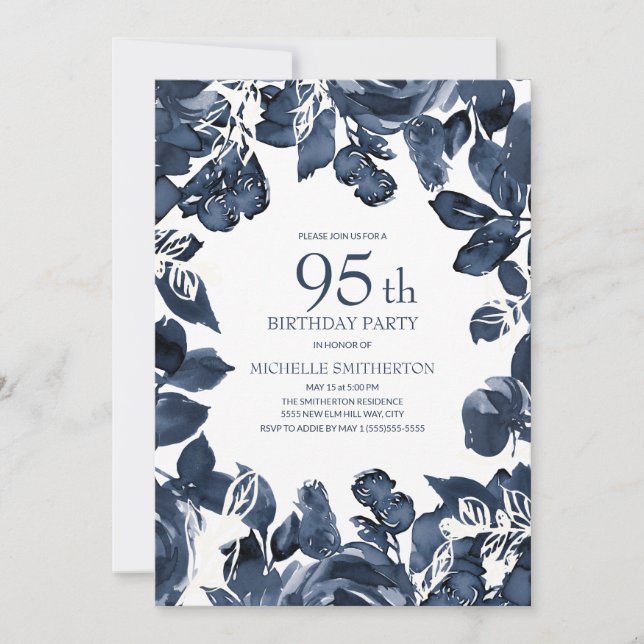 Invitación Hojas de índigo azul marino cumpleaños 95 (Anverso)