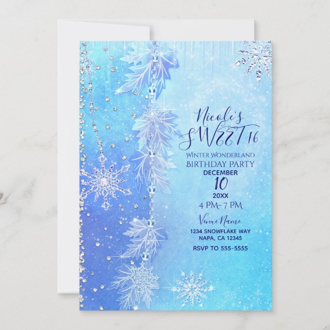 Invitación Hojas de invierno azules y copos de nieve Fiesta d (Anverso)