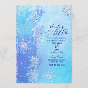 Invitación Hojas de invierno azules y copos de nieve Fiesta d