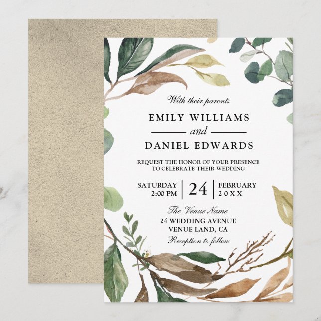 Invitación Hojas de jardín Wreath Elegant Fall o Primavera We (Anverso / Reverso)