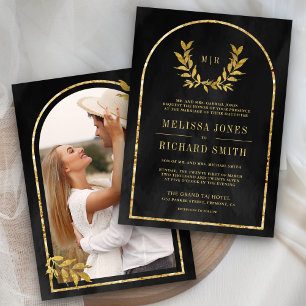 Invitación Hojas de Laurel Dorado Corona Carbon Gris Boda