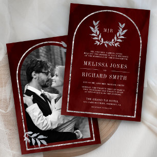 Invitación Hojas de Laurel Plateado Corona Bodas Rojo Burdeos