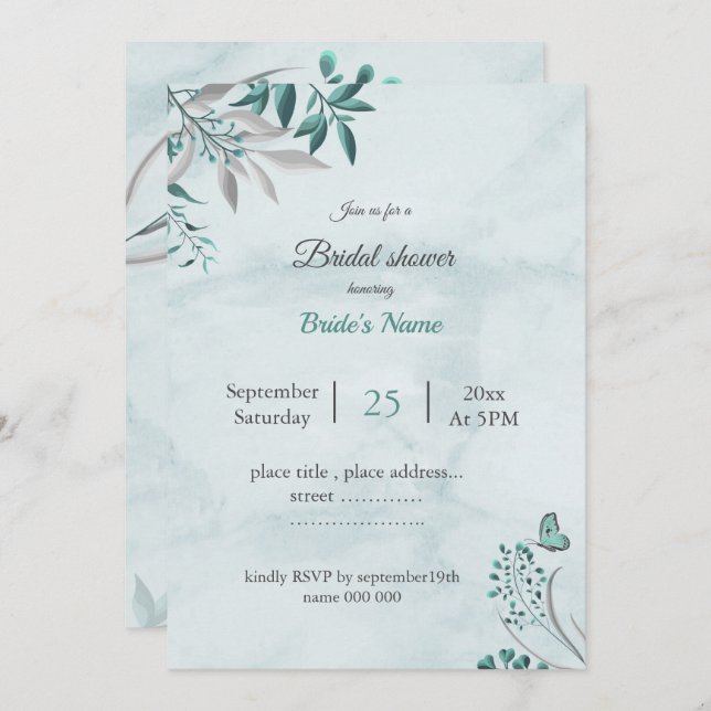 Invitación Hojas de mariposa azul verde azuladas con ducha de (Anverso / Reverso)