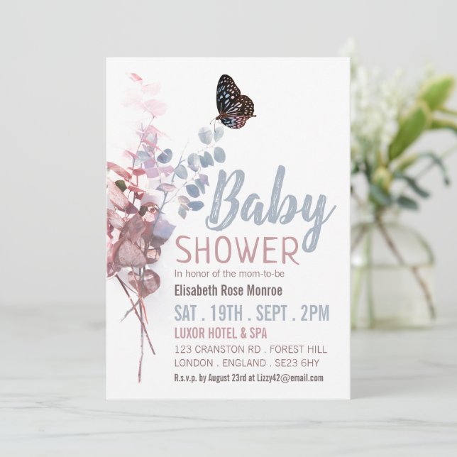 Invitación Hojas de mariposa, Baby Shower elegante (Anverso de pie)