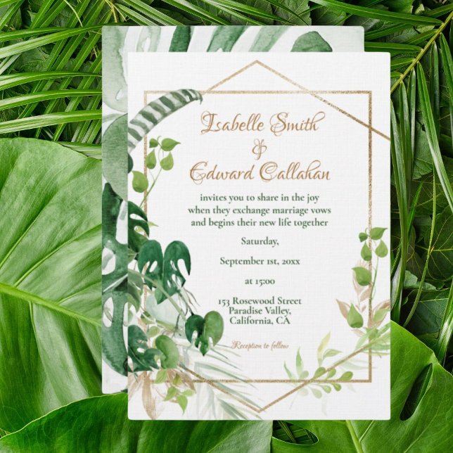 Invitación Hojas de Monstera Tropicales Verde Geométrico Dora (Subido por el creador)