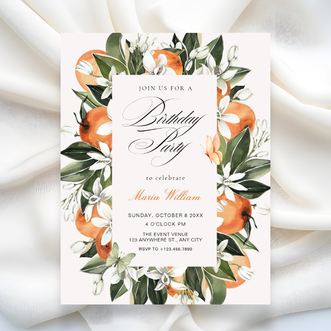 Invitación hojas de naranja botánicas acuarela cumpleaños (Subido por el creador)