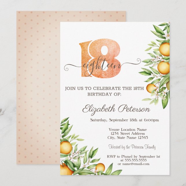 Invitación Hojas de Naranja Cítrico Cumpleaños 18  (Anverso / Reverso)