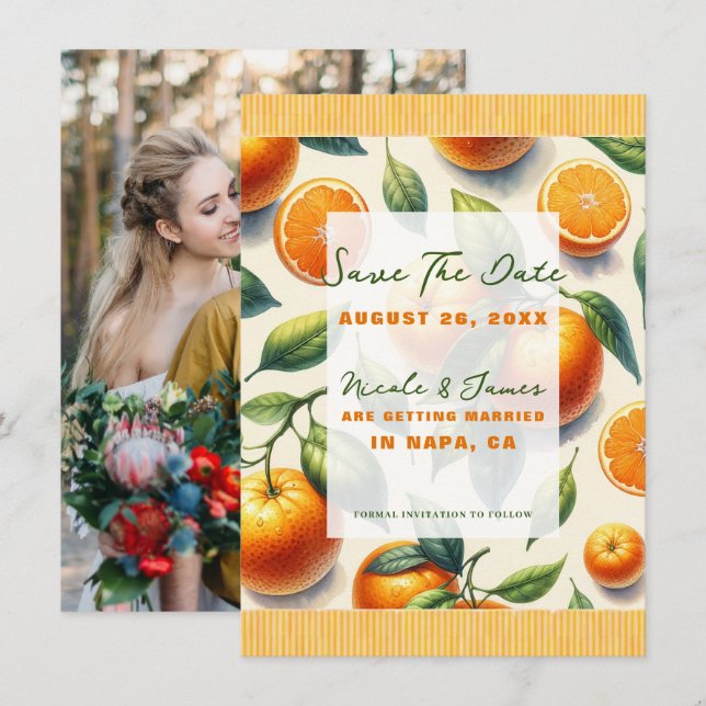 Invitación Hojas de Naranja de Acuarela Ahorra la Fecha (Anverso / Reverso)