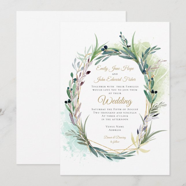 Invitación Hojas de oliva acuarela Boda geométrico de flor (Anverso / Reverso)