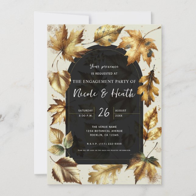 Invitación Hojas de oro beige y negro Almendra Otoño Compromi (Anverso)