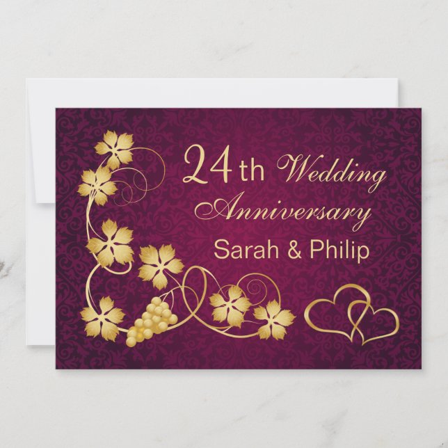 Invitación Hojas de oro, corazones 24º aniversario del Boda (Anverso)