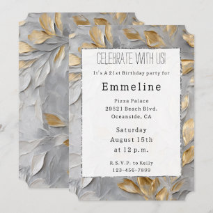 Invitación Hojas de oro de plata gris