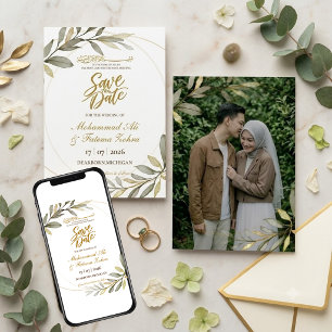 Invitación Hojas de Oro Elegancia Boda Musulmana GUARDAR LA F