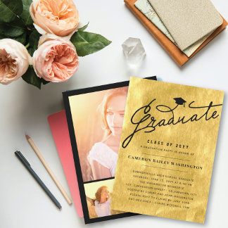 Invitación Hojas de Oro Elegante Graduado Fiesta Gorra de Gra