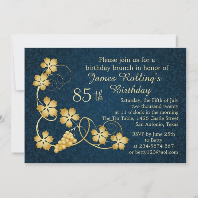Invitación Hojas de oro en la vid, damasco azul 85º cumpleaño (Anverso)