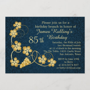 Invitación Hojas de oro en la vid, damasco azul 85º cumpleaño