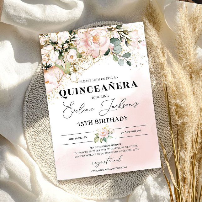 Invitación Hojas de oro floral rosa de boho quinceanera (Boho blush pink floral gold leaves quinceanera invitation)