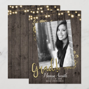 Invitación Hojas de Oro & Luces Graduación Madera Oscura Rúst