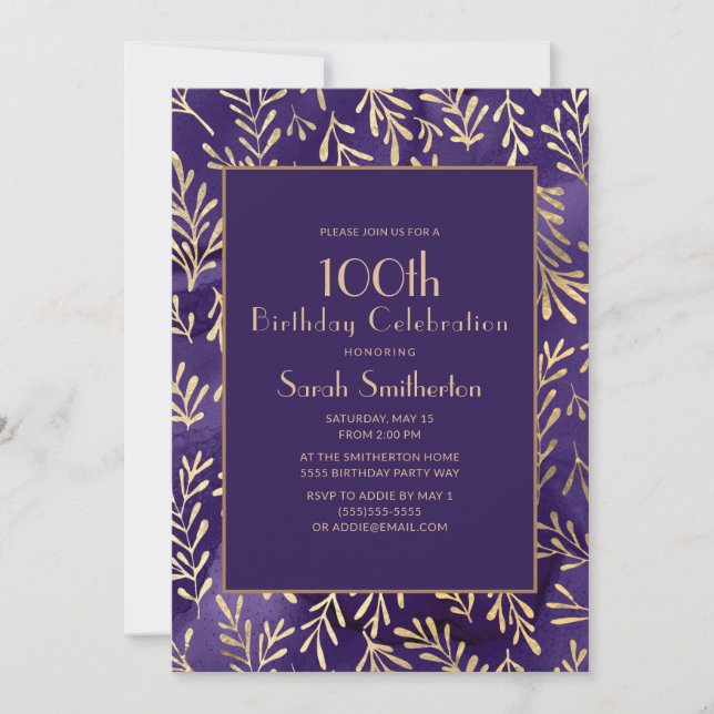 Invitación Hojas de oro morado elegantes cumpleaños 100 (Anverso)