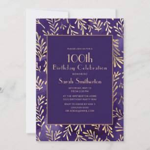 Invitación Hojas de oro morado elegantes cumpleaños 100