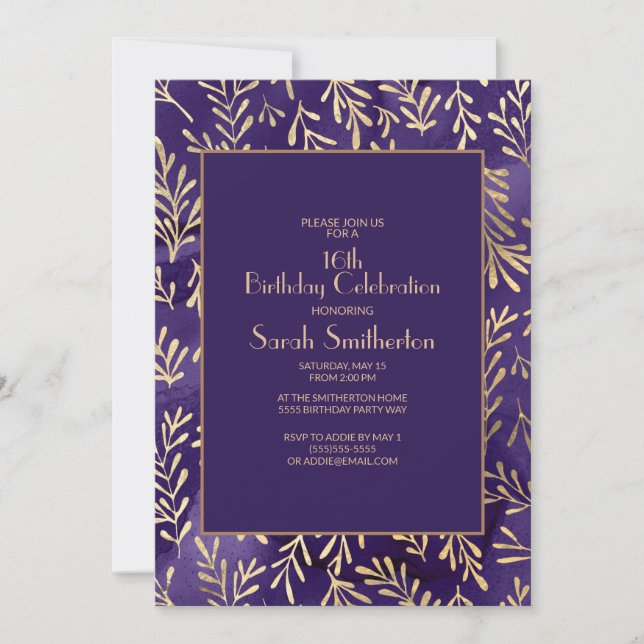 Invitación Hojas de oro morado elegantes Cumpleaños 16 (Anverso)