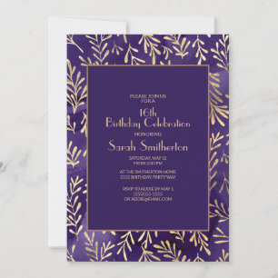 Invitación Hojas de oro morado elegantes Cumpleaños 16