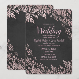 Invitación Hojas de oro rosa Tiza negra Chic Boda rústica