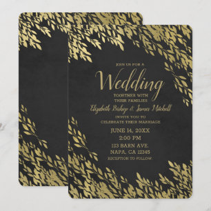 Invitación Hojas de Oro y Tiza Negra Elegante Boda Rústica