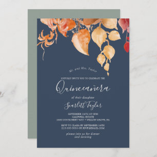 Invitación Hojas de otoño Azul marino y Borgoña Quinceañera