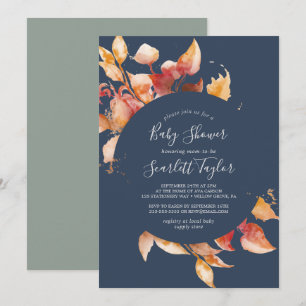 Invitación Hojas de otoño   Baby Shower azul marino y borgoña