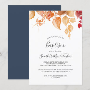 Invitación Hojas de otoño   Bautismo blanco y borgoñoso