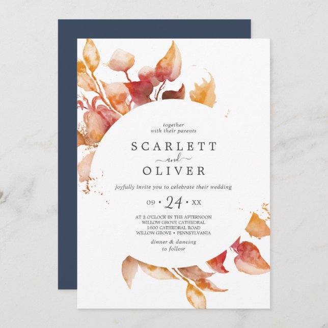 Invitación Hojas de otoño | Boda Casual Blanco y Borgoña (Anverso / Reverso)