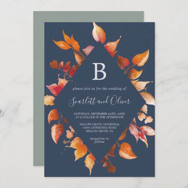 Invitación Hojas de otoño | Boda de diamantes azul y borgoña  (Anverso / Reverso)
