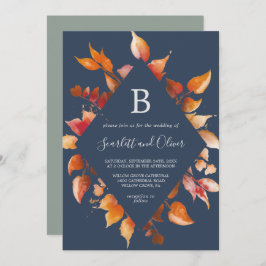 Invitación Hojas de otoño | Boda de diamantes azul y borgoña
