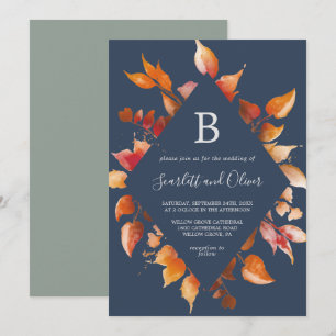 Invitación Hojas de otoño   Boda de diamantes azul y borgoña 