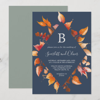 Invitación Hojas de otoño | Boda de diamantes azul y borgoña