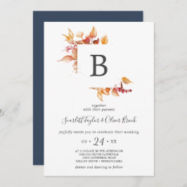 Invitación Hojas de otoño | Boda de Monograma Blanco y Borgoñ