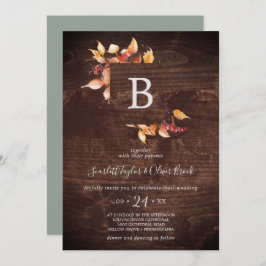 Invitación Hojas de otoño | Boda de monograma de madera marró
