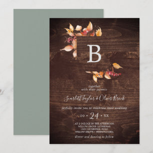 Invitación Hojas de otoño   Boda de monograma de madera marró