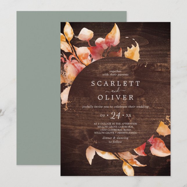 Invitación Hojas de otoño | Boda del Casual Rustic Brown Wood (Anverso / Reverso)