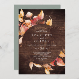 Invitación Hojas de otoño | Boda del Casual Rustic Brown Wood