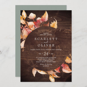 Invitación Hojas de otoño Boda del Casual Rustic Brown Wood