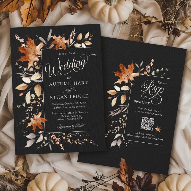 Invitación Hojas de otoño Boda floral rústica de otoño negro (Elegant watercolor Autumn leaves modern black orange rust Fall QR code rsvp wedding invitation)