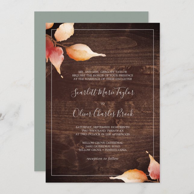 Invitación Hojas de otoño | Boda formal de madera marrón rúst (Anverso / Reverso)
