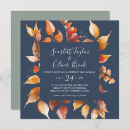 Invitación Hojas de otoño | Boda Naval Azul y Borgoña Plaza