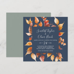 Invitación Hojas de otoño   Boda Naval Azul y Borgoña Plaza