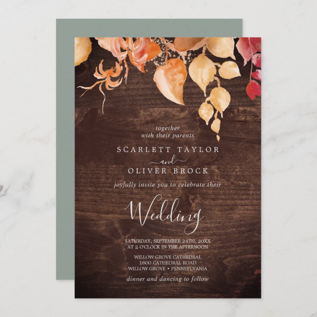 Invitación Hojas de otoño | Boda Rustic Brown Wood (Anverso / Reverso)