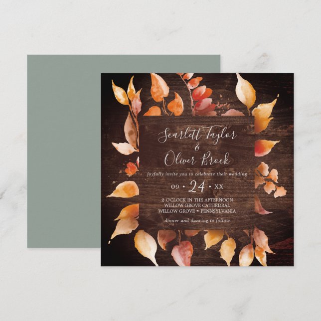 Invitación Hojas de otoño | Boda Rústico de la Plaza de la Ma (Anverso / Reverso)