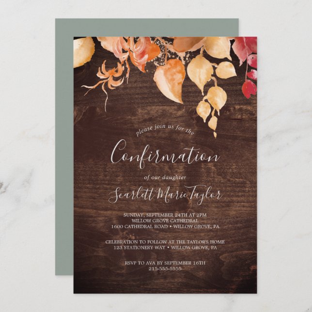 Invitación Hojas de otoño | Confirmación Rustic Brown Wood (Anverso / Reverso)