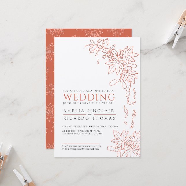 Invitación Hojas de otoño dibujando boda naranja quemado (Anverso/Reverso In Situ)